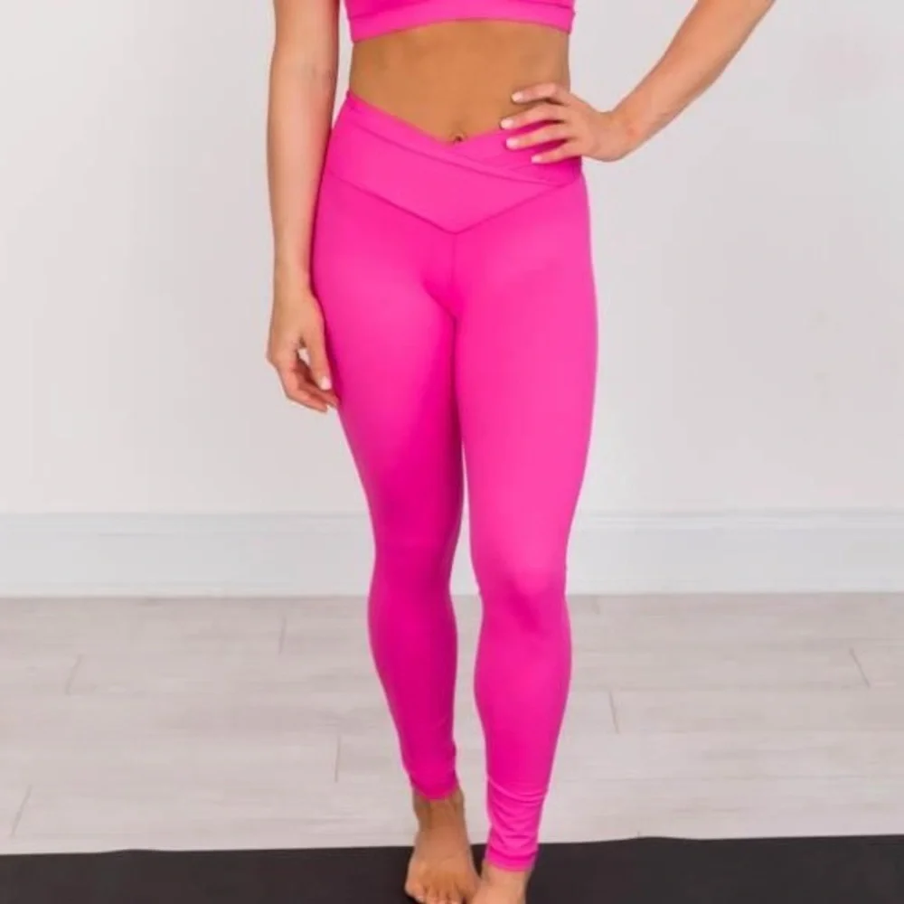 Pink Lily Cross Over Neon Sonic Pink Women's Leggings - Picture 1 of 5